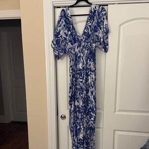 Lovestitch Navy and White Leaf Print Maxi Dress